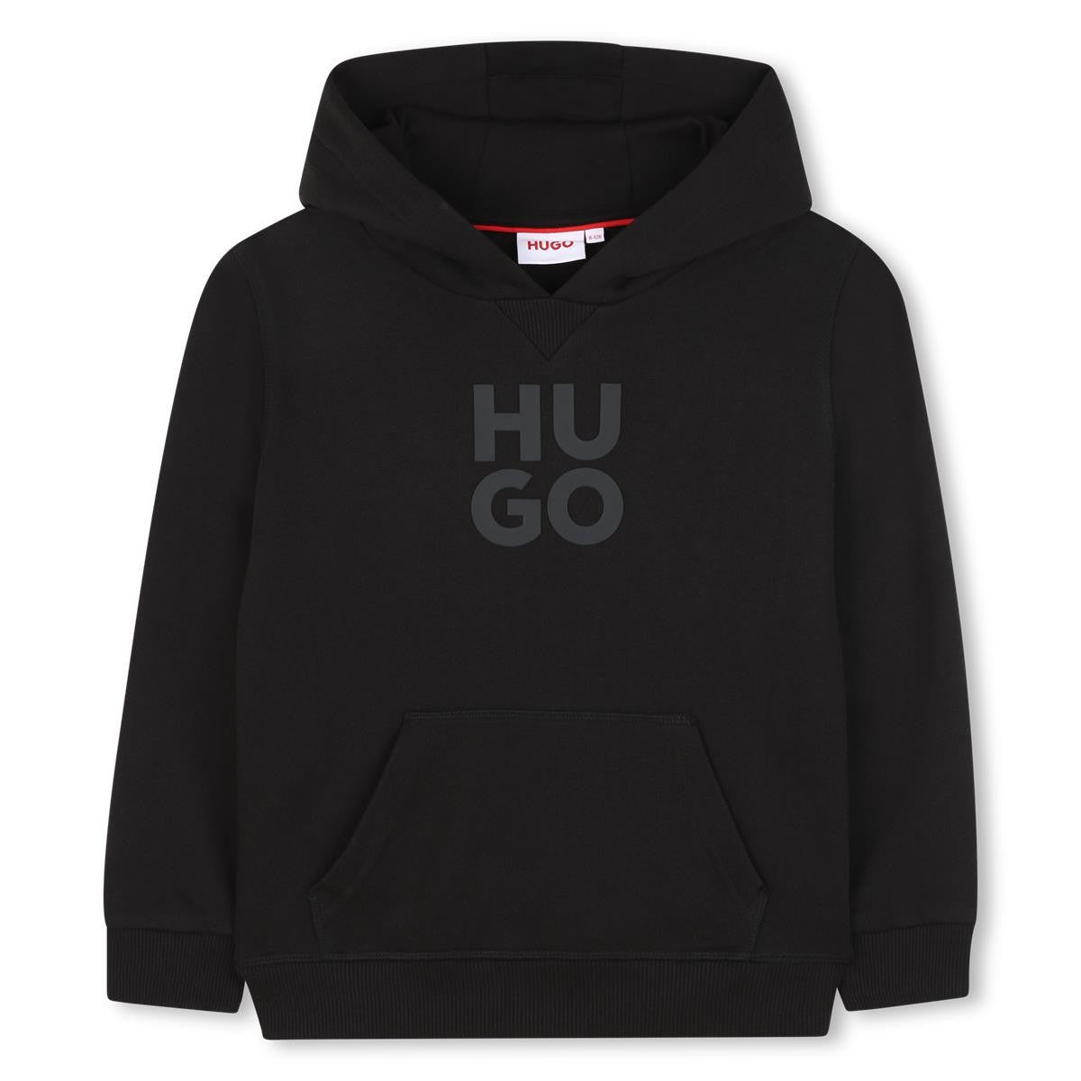 Hugo - Zwart sweatshirt met capuchon met Kangarou & Stacked Logo Pocket in Relief