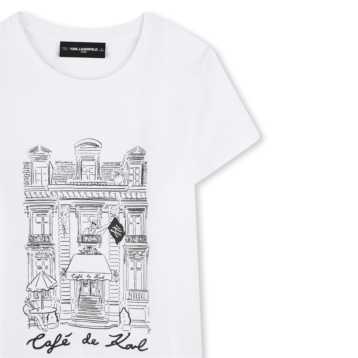 Karl Lagerfeld - weißes T -Shirt mit Karl Cafe Illustration und Stickerei vorne.