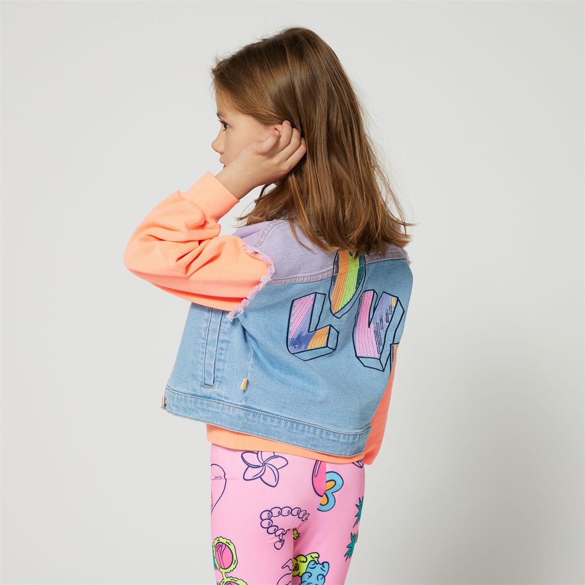 Billieblush - Jacket sin mangas de mezclilla • Ilustraciones de amor en lentejuelas
