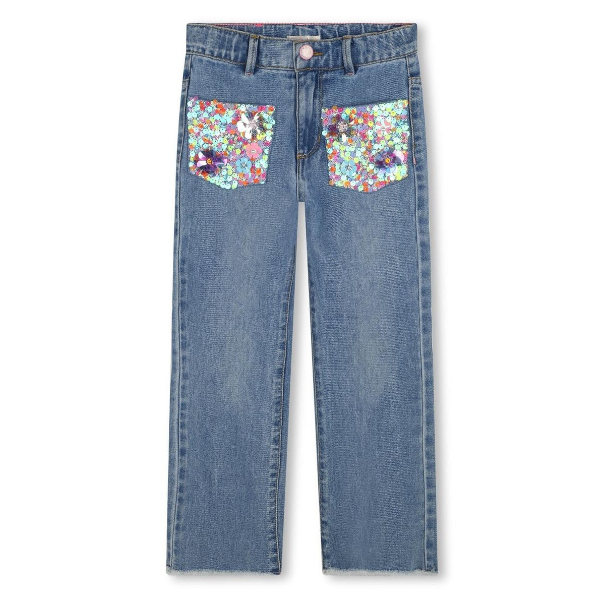 Billieblush - rechte broek in denim en voorzakken in pailletten