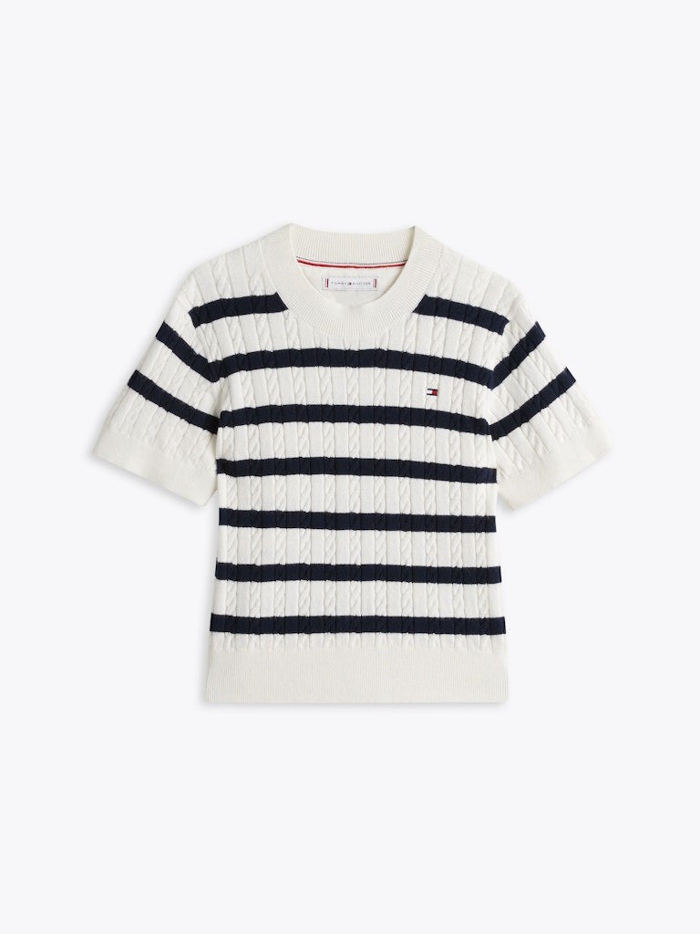 Tommy Hilfiger - Pull sans manche ligné mini cable Ivory & Navy