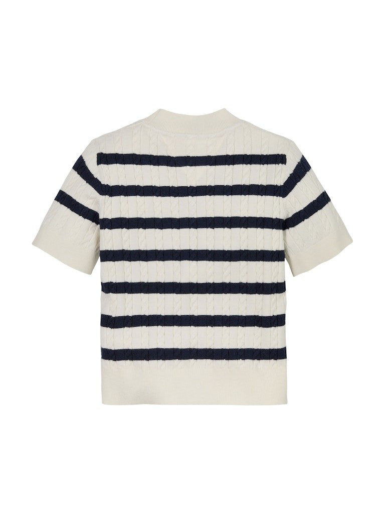 Tommy Hilfiger - Pull sans manche ligné mini cable Ivory & Navy