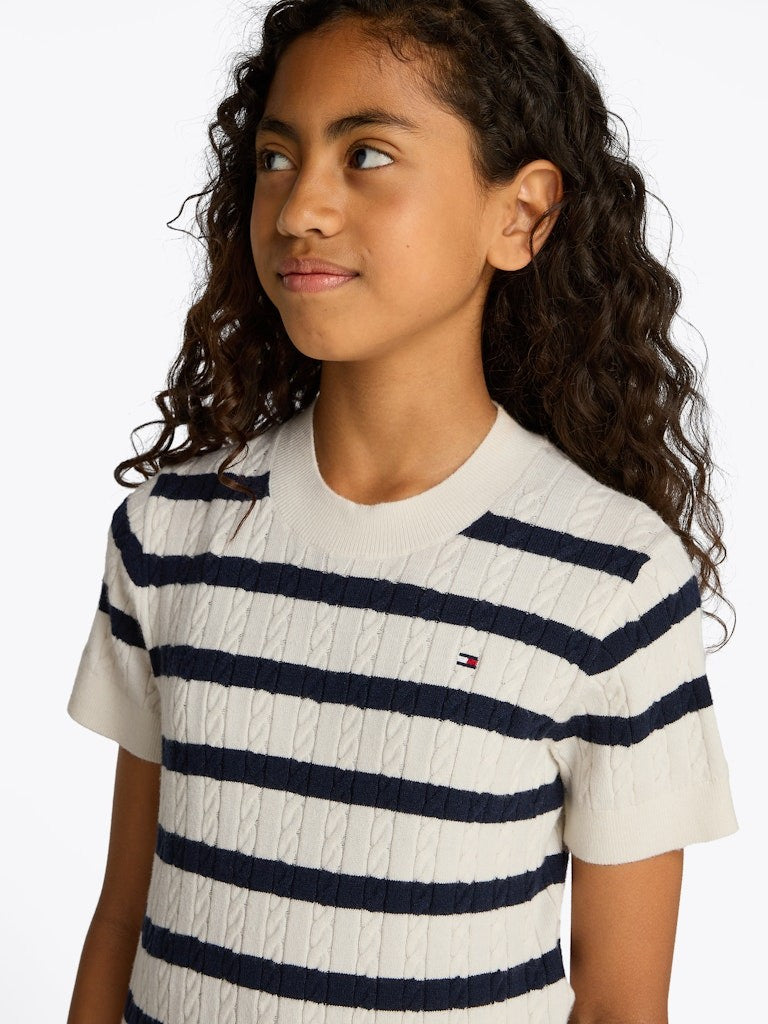 Tommy Hilfiger - Pull sans manche ligné mini cable Ivory & Navy