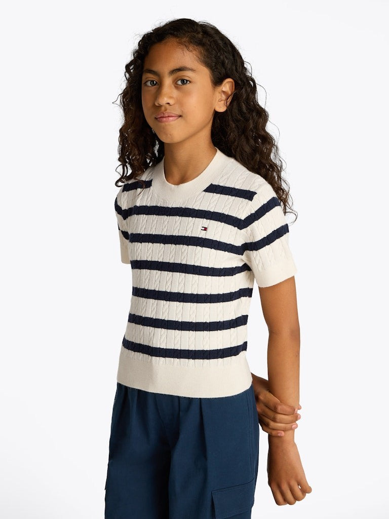 Tommy Hilfiger - Pull sans manche ligné mini cable Ivory & Navy