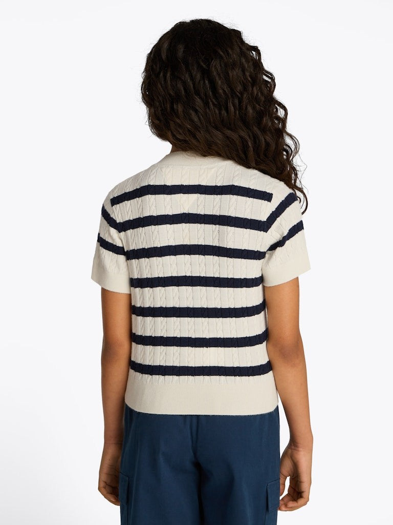 Tommy Hilfiger - Pull sans manche ligné mini cable Ivory & Navy