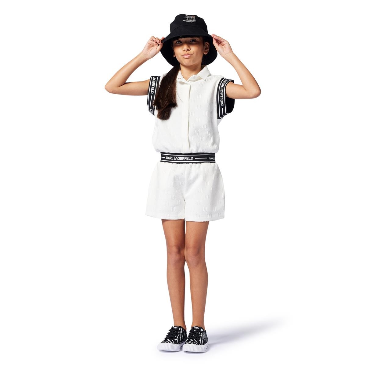 Karl Lagerfeld - Combishort blanche jacquard avec taille élastiquée & fermeture pressionnée sur le devant