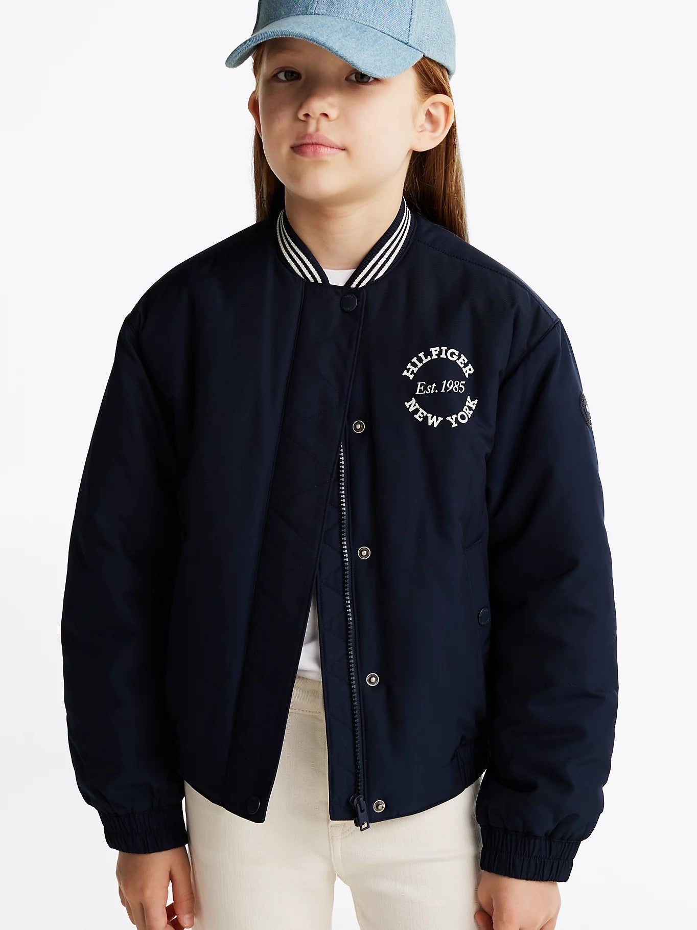 Tommy Hilfiger - Bomber universitaire en satin navy Varsity Sateen