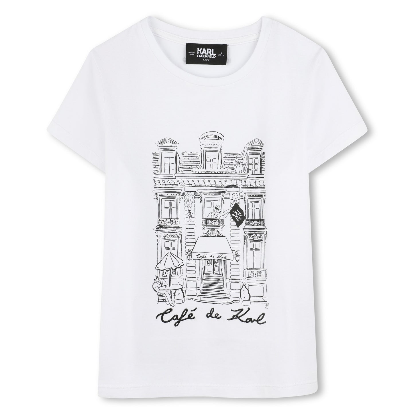 Karl Lagerfeld - weißes T -Shirt mit Karl Cafe Illustration und Stickerei vorne.