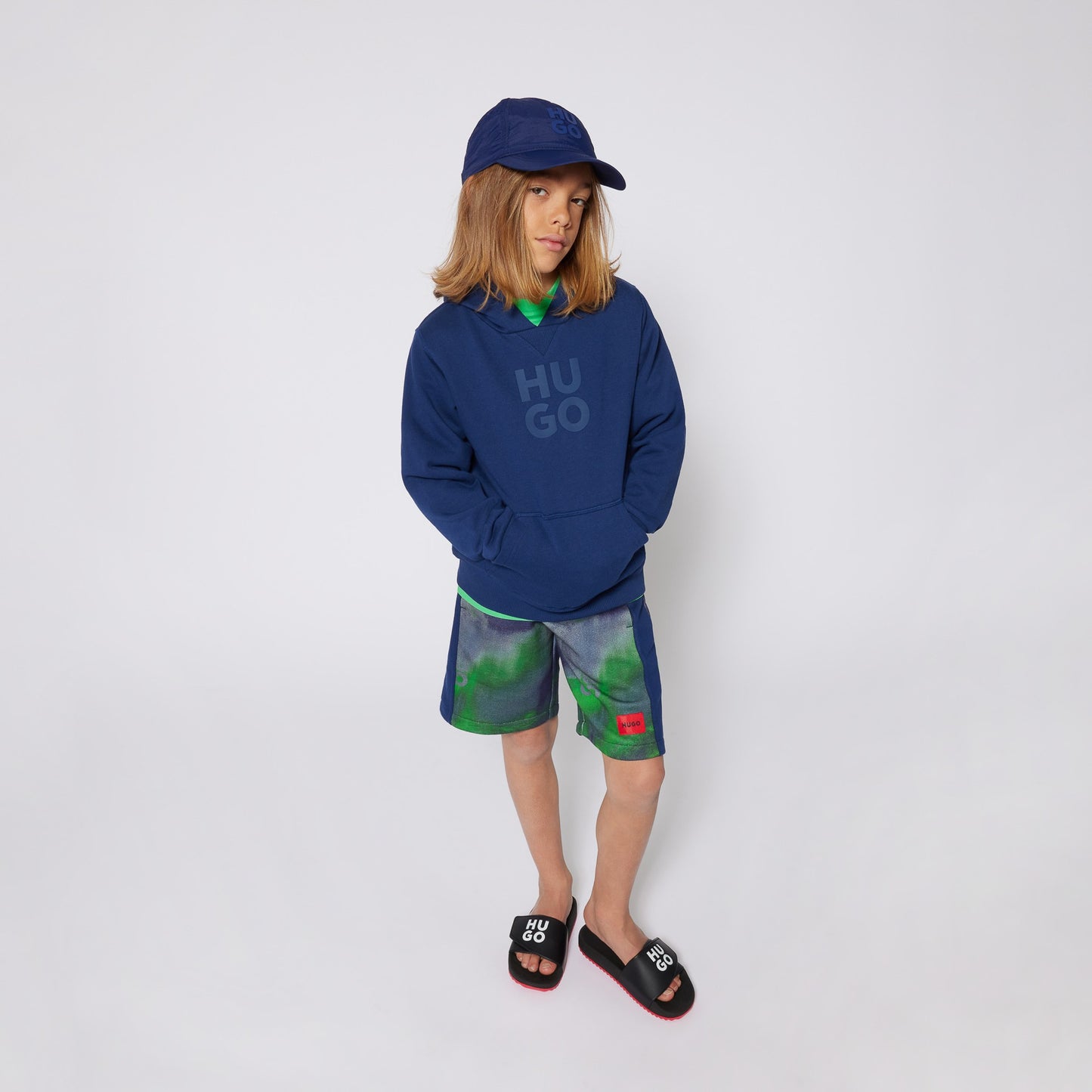 Hugo - Middeleeuws Blue Hight Sweat met Kangourou & Stacked Logo Pocket in Relief