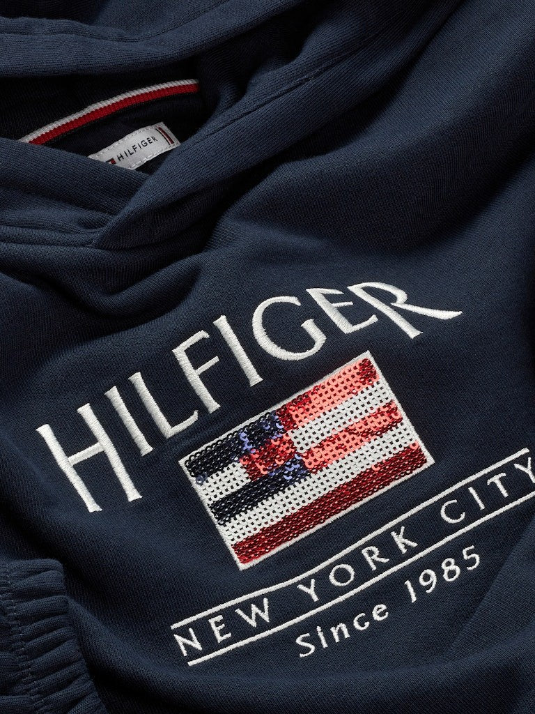 Tommy Hilfiger - Sweat à capuche Dark Night Navy & drapeau en sequins
