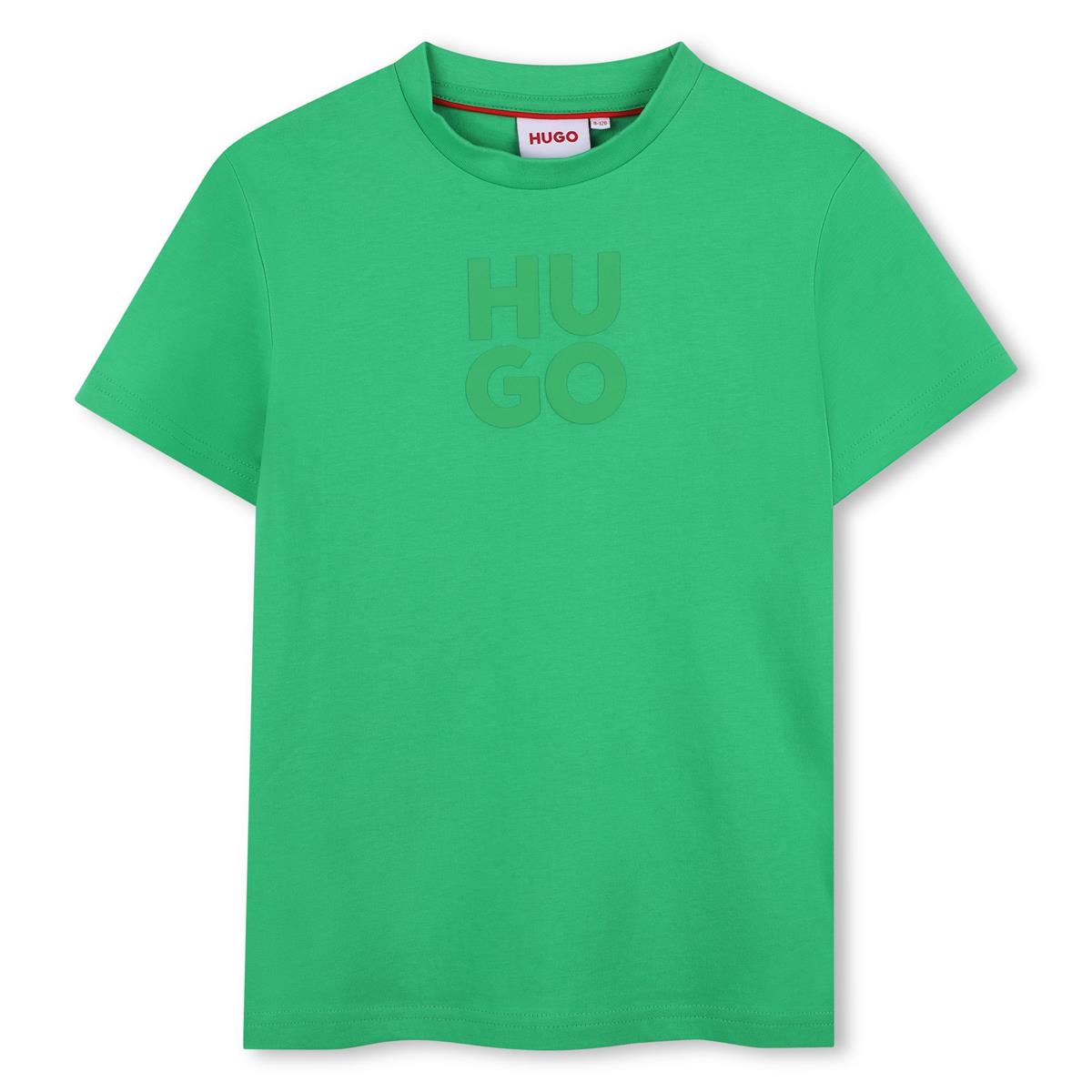 HUGO - T-shirt island green & stacked logo en relief
