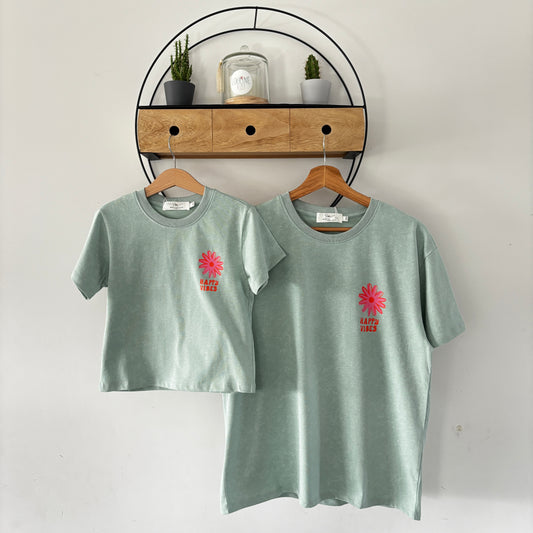 Mère & Fille - T-shirt vert d'eau Happy Vibes