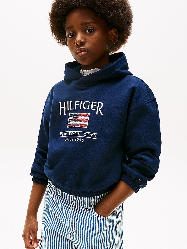 Tommy Hilfiger - Sweat à capuche Dark Night Navy & drapeau en sequins