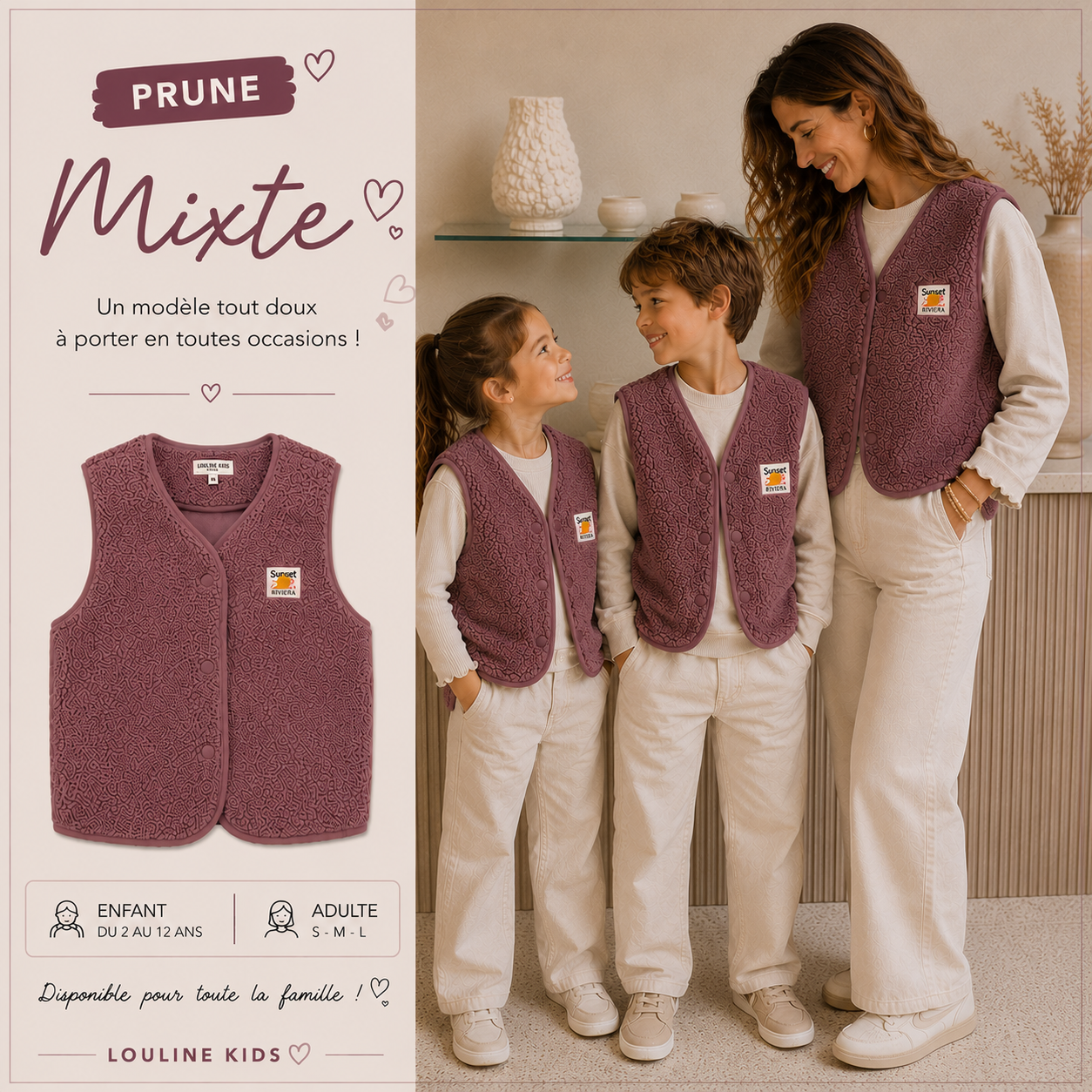 Mère & Enfant - Gilet sans manche moumoute prune
