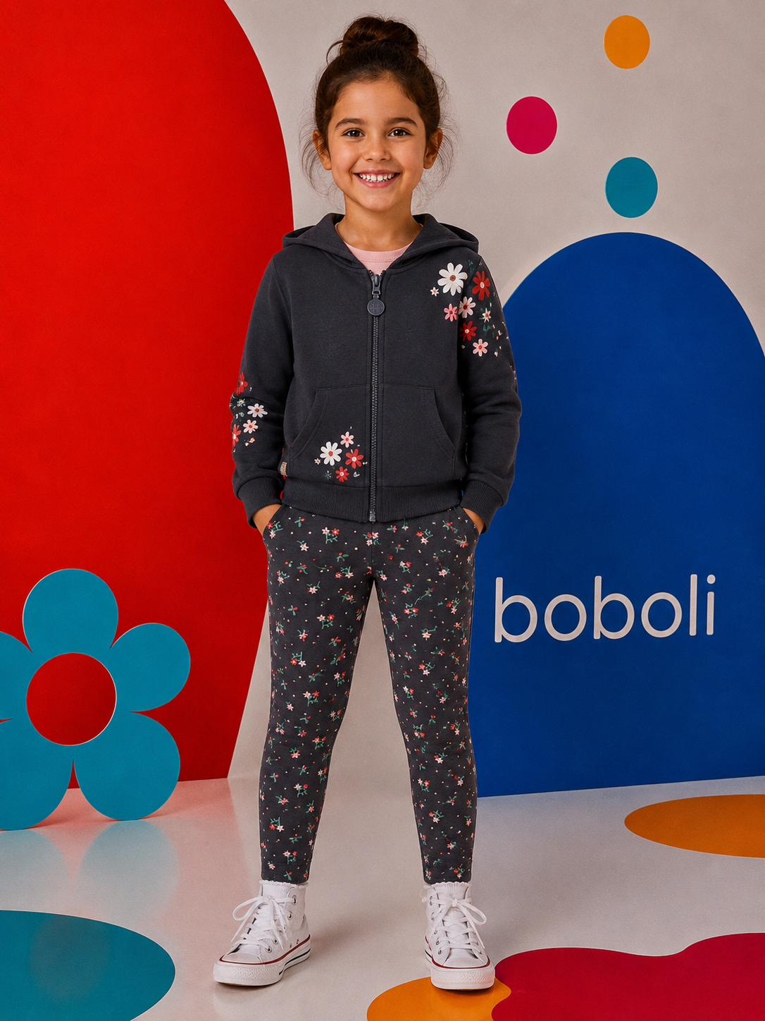 Boboli - Gilet zippé à capuche anthracite FLOWERS
