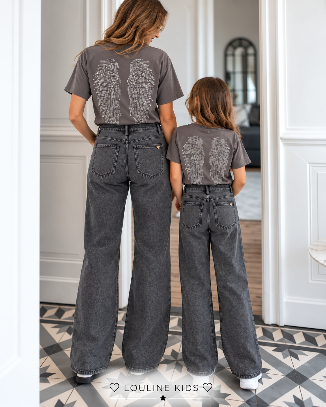Mère & Enfant - Jeans gris à strass