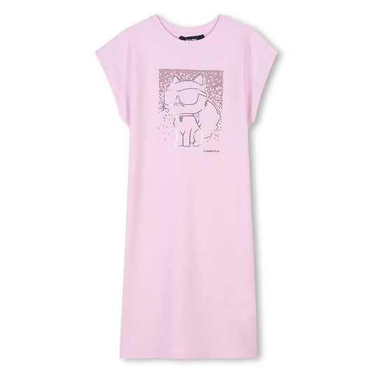 Karl Lagerfeld - Granatapfelkleid mit Katze -Illustration in Strasssteinen und Metallaussehen