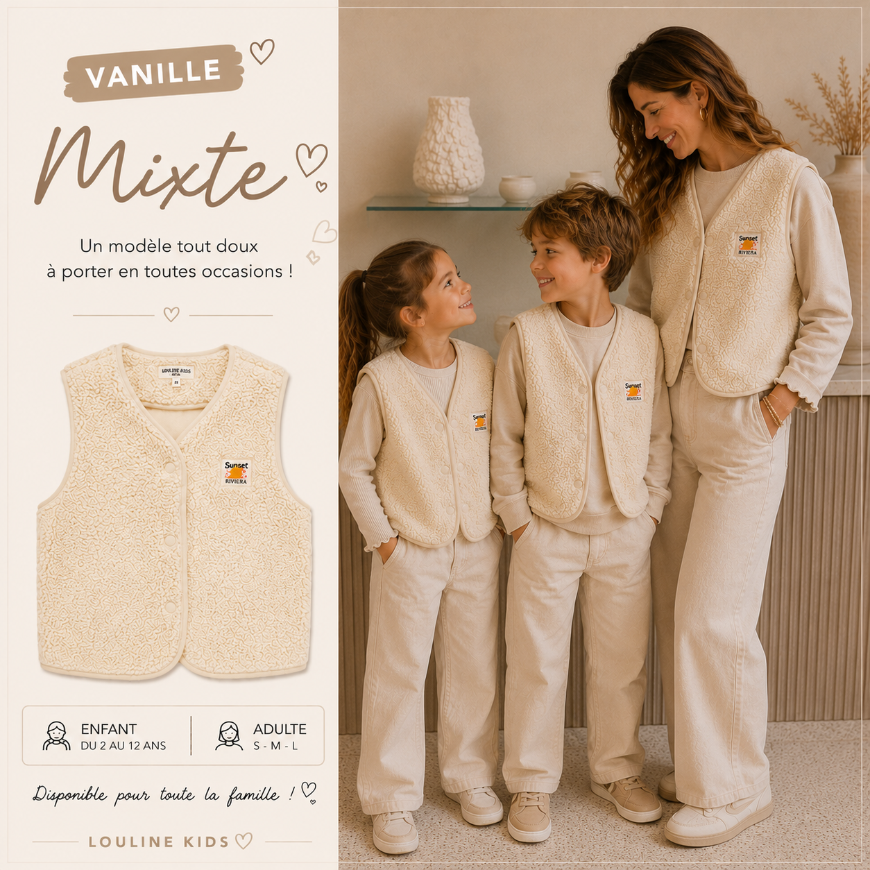 Mère & Enfant - Gilet sans manche moumoute vanille