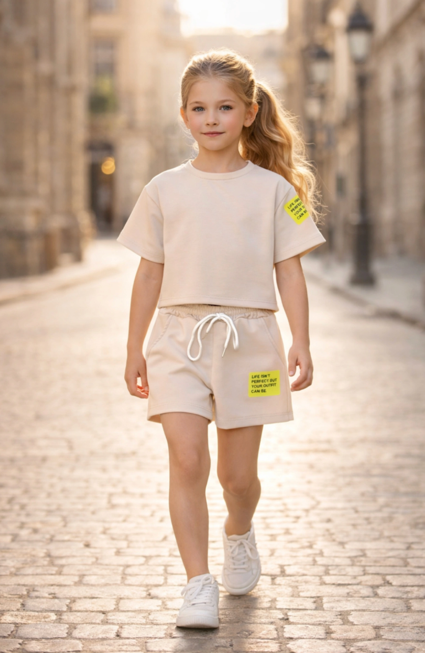 Sudadera de manga corta y pantalón corto - Beige