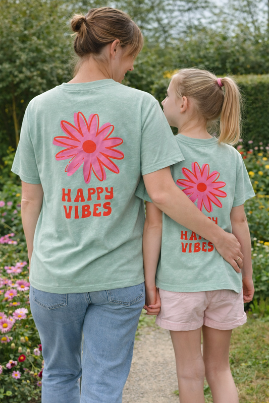 Mère & Fille - T-shirt vert d'eau Happy Vibes