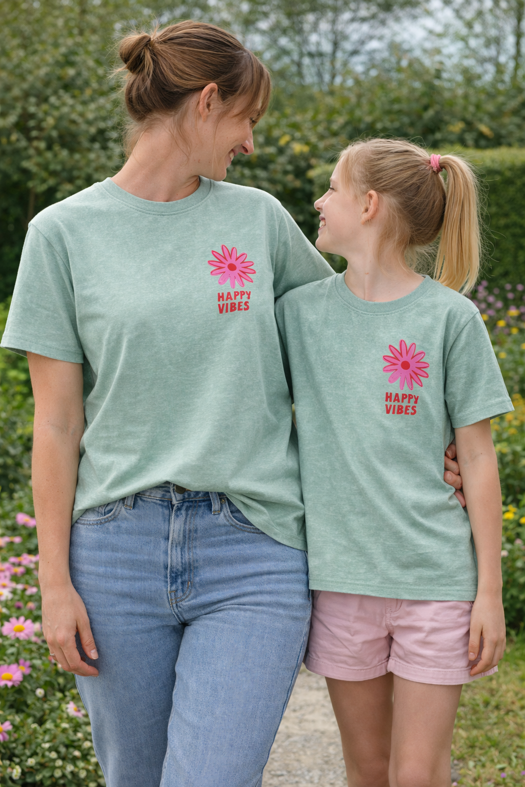 Mère & Fille - T-shirt vert d'eau Happy Vibes