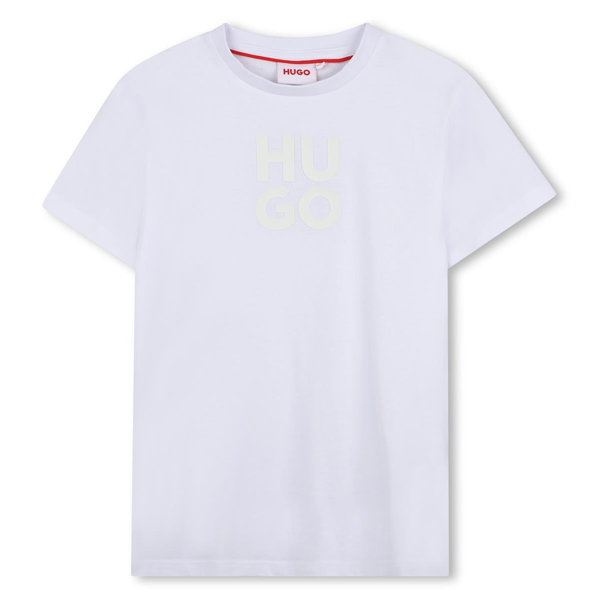 Hugo - weißes T -Shirt & gestapeltes Logo in Erleichterung