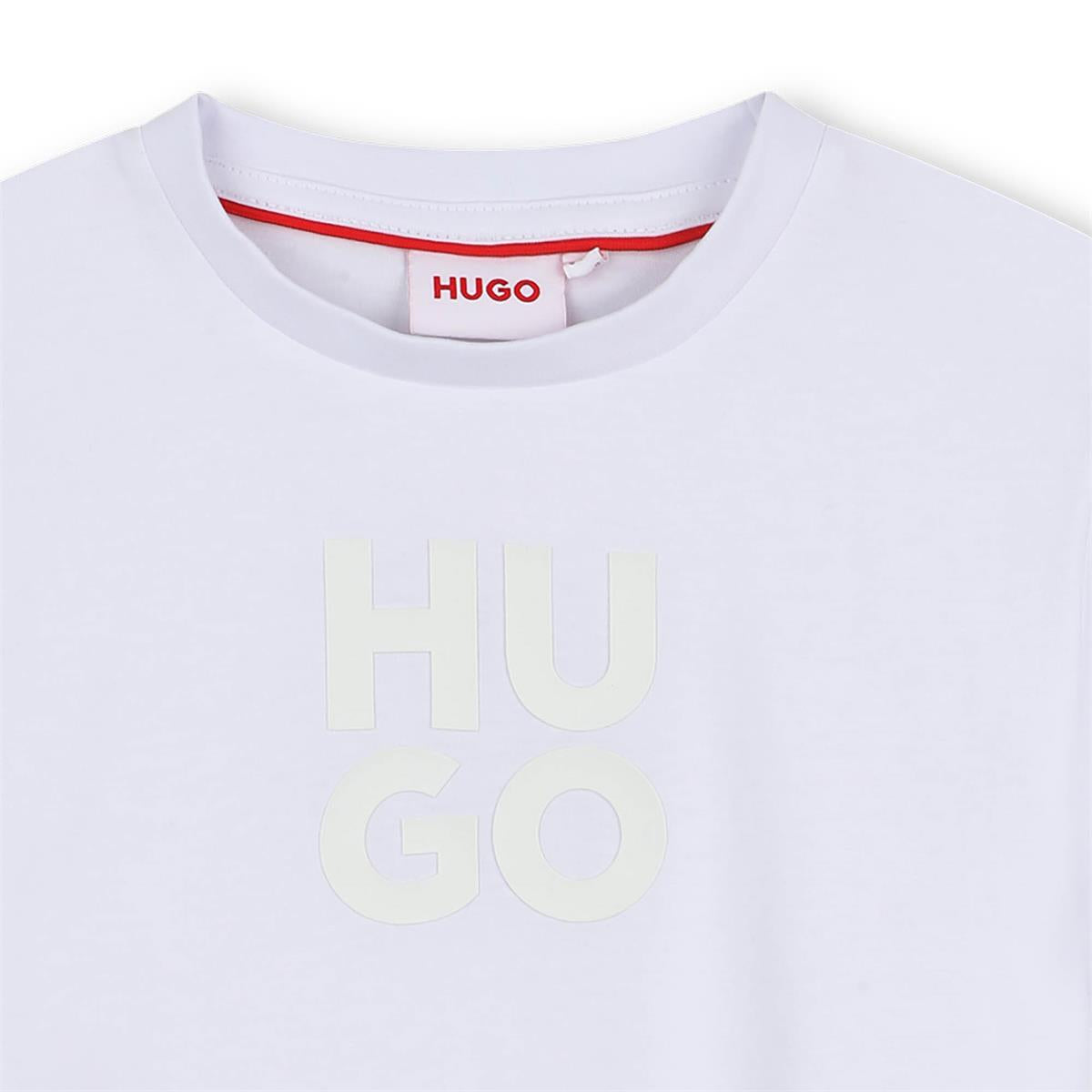 Hugo - weißes T -Shirt & gestapeltes Logo in Erleichterung