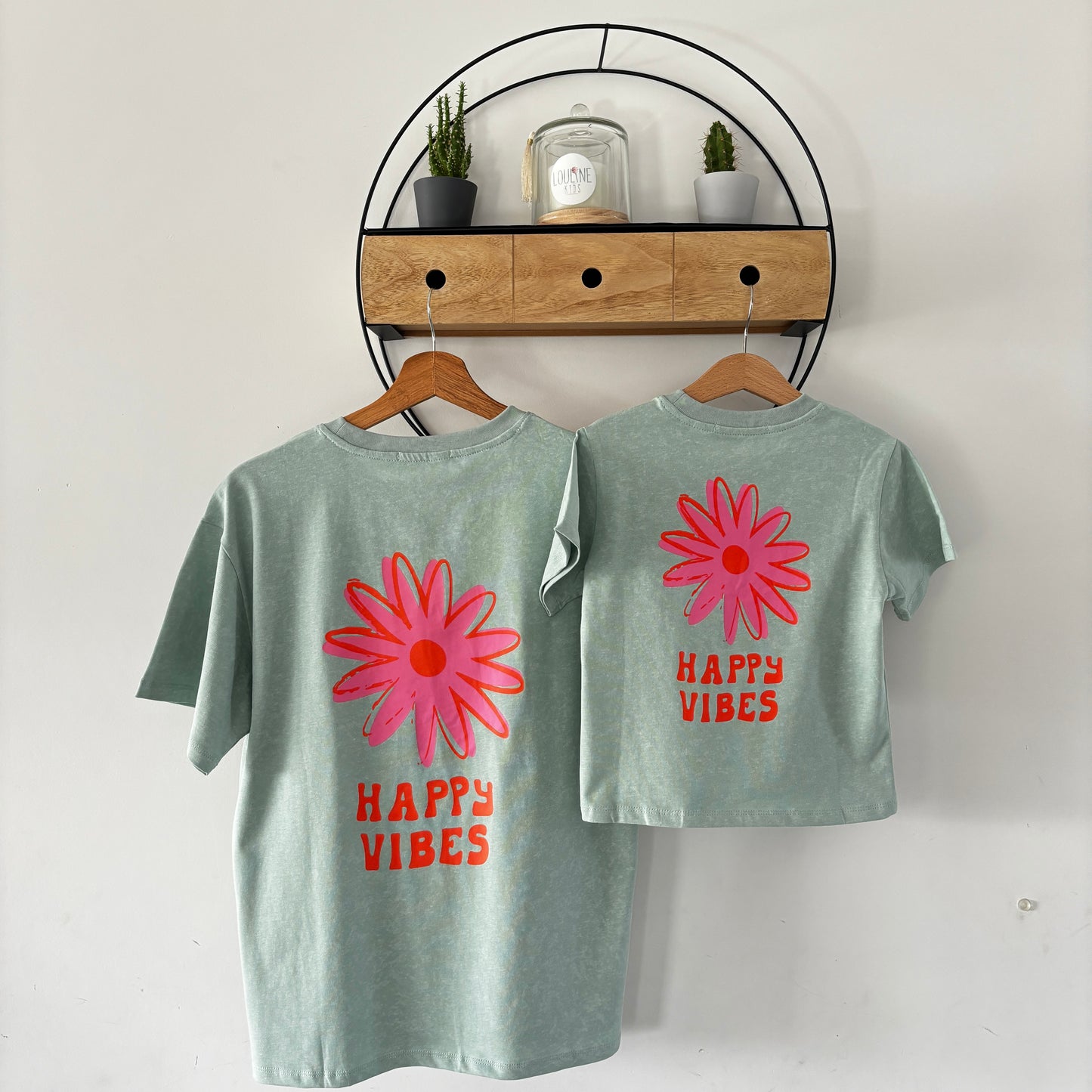 Mère & Fille - T-shirt vert d'eau Happy Vibes