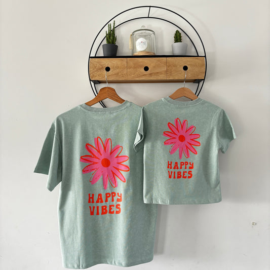 Mère & Fille - T-shirt vert d'eau Happy Vibes