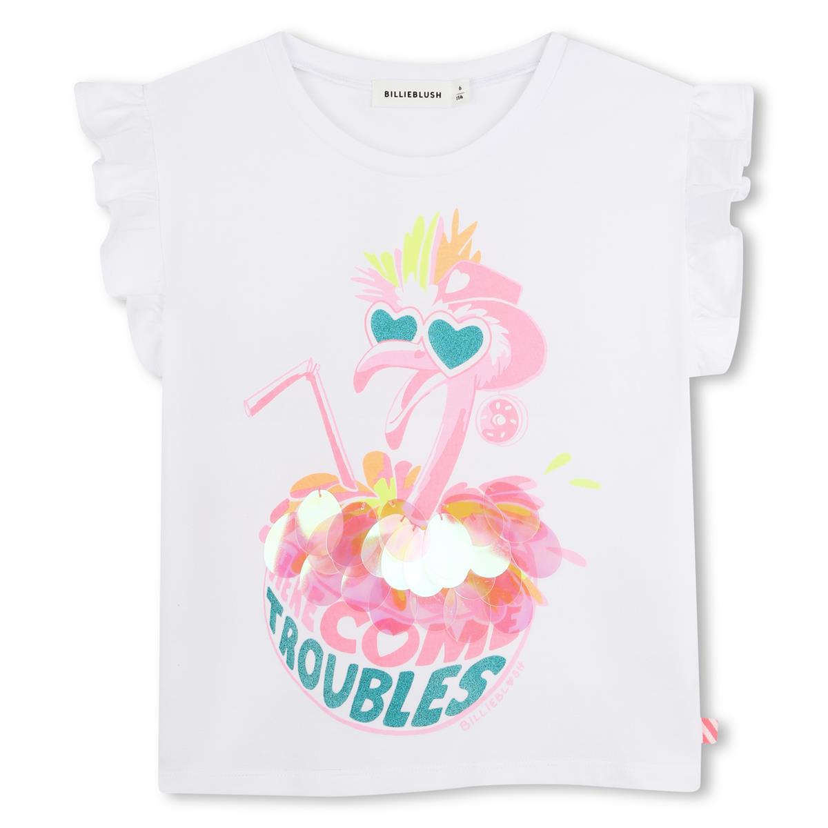 Billieblush – Weißes T-Shirt mit der Aufschrift „Here Come Troubles“.
