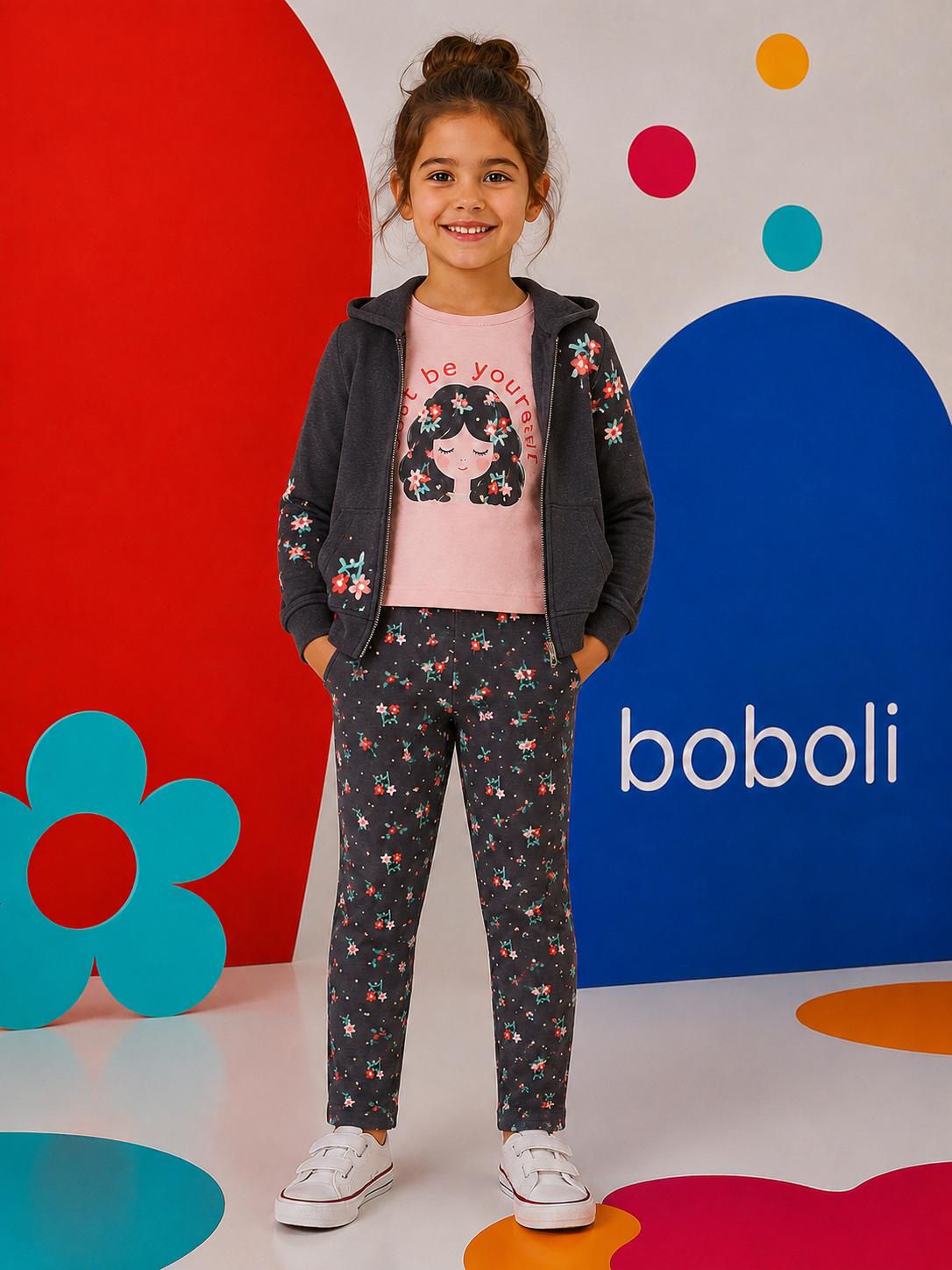 Boboli - Gilet zippé à capuche anthracite FLOWERS