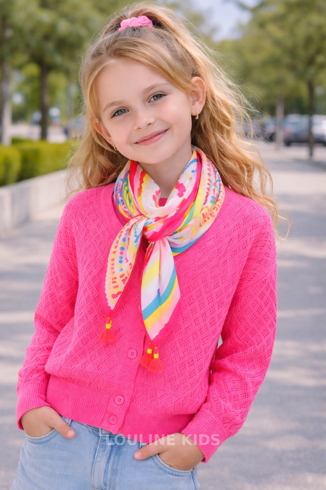 Billieblush - Neonroze opengewerkt en glitterend gebreid vest